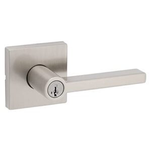 kwikset halifax entry door handle with lock and key, secure keyed reversible lever exterior, for front entrance and bedrooms, satin nickel, pick resistant smartkey rekey security and microban