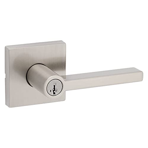 Kwikset Halifax Entry Door Handle with Lock and Key, Secure Keyed Reversible Lever Exterior, For Front Entrance and Bedrooms, Satin Nickel, Pick Resistant Smartkey Rekey Security and Microban