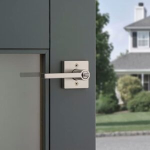 Kwikset Halifax Entry Door Handle with Lock and Key, Secure Keyed Reversible Lever Exterior, For Front Entrance and Bedrooms, Satin Nickel, Pick Resistant Smartkey Rekey Security and Microban