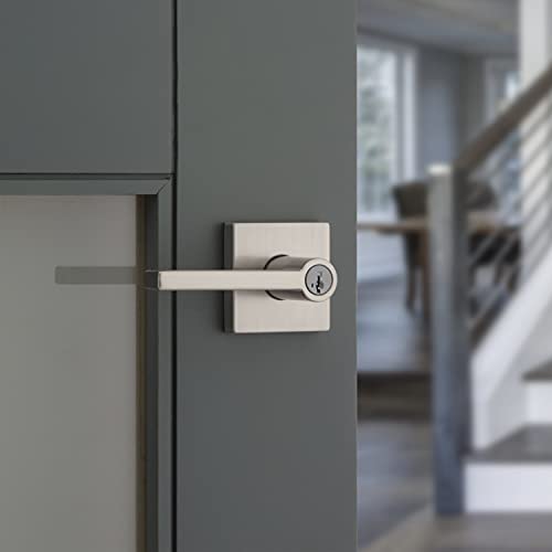 Kwikset Halifax Entry Door Handle with Lock and Key, Secure Keyed Reversible Lever Exterior, For Front Entrance and Bedrooms, Satin Nickel, Pick Resistant Smartkey Rekey Security and Microban