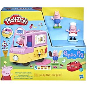 play-doh peppa's ice cream playset with truck, peppa pig and george figures, and 5 non-toxic modeling compound cans, toy for kids 3 years and up