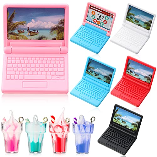 6 Pieces 1:12 Dollhouse Mini Laptop and 4 Pieces Mini Bottle Ice Cream Simulation Notebook Lovely Folding Laptop Model for DIY Dolls House Furniture Accessories (Pink, Red, Purple, Green)