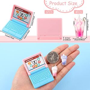 6 Pieces 1:12 Dollhouse Mini Laptop and 4 Pieces Mini Bottle Ice Cream Simulation Notebook Lovely Folding Laptop Model for DIY Dolls House Furniture Accessories (Pink, Red, Purple, Green)