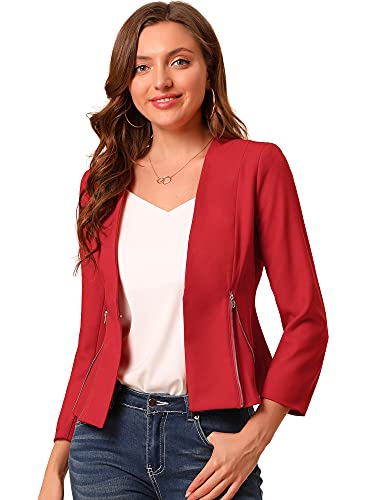 Allegra K Women's Work Office Open Front Zipper Collarless Cropped Blazer Large Red