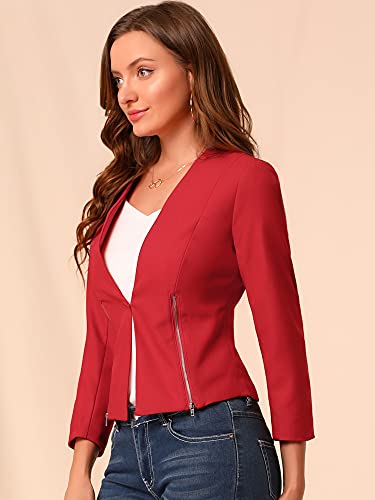 Allegra K Women's Work Office Open Front Zipper Collarless Cropped Blazer Large Red