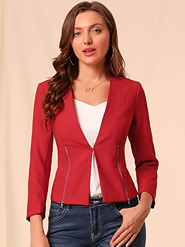 Allegra K Women's Work Office Open Front Zipper Collarless Cropped Blazer Large Red