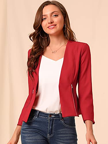 Allegra K Women's Work Office Open Front Zipper Collarless Cropped Blazer Large Red