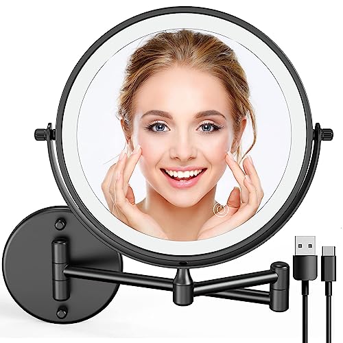 Wall Mount Magnifying Mirror with Light 8" Rechargeable Double Sided Makeup Mirror with 3 Color Lights & Stepless Dimming,Touch Control 360°Rotation Brightness Adjustable Vanity Mirror for Bathrom