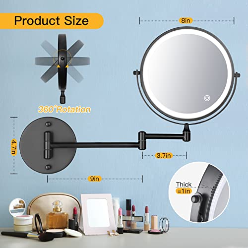 Wall Mount Magnifying Mirror with Light 8" Rechargeable Double Sided Makeup Mirror with 3 Color Lights & Stepless Dimming,Touch Control 360°Rotation Brightness Adjustable Vanity Mirror for Bathrom