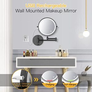 Wall Mount Magnifying Mirror with Light 8" Rechargeable Double Sided Makeup Mirror with 3 Color Lights & Stepless Dimming,Touch Control 360°Rotation Brightness Adjustable Vanity Mirror for Bathrom