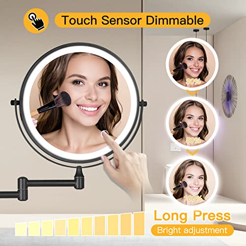 Wall Mount Magnifying Mirror with Light 8" Rechargeable Double Sided Makeup Mirror with 3 Color Lights & Stepless Dimming,Touch Control 360°Rotation Brightness Adjustable Vanity Mirror for Bathrom