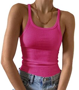 artfish women's sleeveless full tank top form fitting scoop neck ribbed knit basic tight fitted cami neon hot pink 80s s