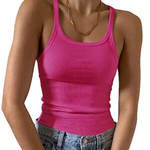 Artfish Women's Sleeveless Full Tank Top Form Fitting Scoop Neck Ribbed Knit Basic Tight Fitted Cami Neon Hot Pink 80s S