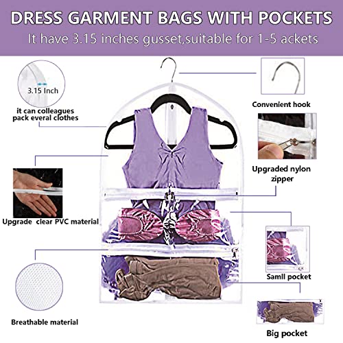 WJWSKI Clear Kids Dance Garment Bag for Hanging Clothes,35 Inch Waterproof PVC Travel Garment Bag with 3 Pockets for Dance Costumes,Sports,Skating,Theatre,Beauty Pageants & More