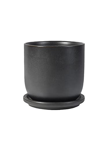 Serene Spaces Living Large Classy Matte Black Ceramic Pot with Drainage Holes and Saucer for Plants and Flowers, Decorative Outdoor/Indoor Planters, Measures 6" Diameter & 5.75" Tall