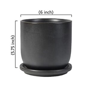 Serene Spaces Living Large Classy Matte Black Ceramic Pot with Drainage Holes and Saucer for Plants and Flowers, Decorative Outdoor/Indoor Planters, Measures 6" Diameter & 5.75" Tall