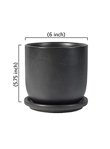 Serene Spaces Living Large Classy Matte Black Ceramic Pot with Drainage Holes and Saucer for Plants and Flowers, Decorative Outdoor/Indoor Planters, Measures 6" Diameter & 5.75" Tall