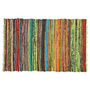 india artistic multi color chindi rag rug 4x6' | hand woven rug & reversible rug | recycled cotton chindi rug for living room kitchen | rustic rug | cotton rug | runner rugs (green colour)