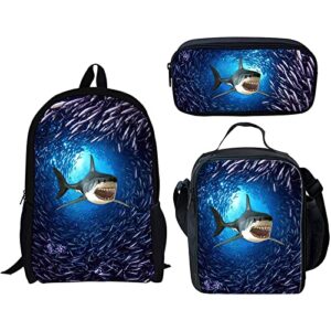 giftpuzz ocean shark backpack set durable to carry book bag school, lightweight travel daypack for teen, bookbags with insulated lunch bag and pencil case, 3 pieces blue