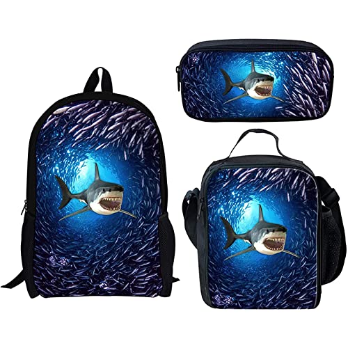 GIFTPUZZ Ocean Shark Backpack Set Durable to Carry Book Bag School, Lightweight Travel Daypack for Teen, Bookbags with Insulated Lunch Bag and Pencil Case, 3 Pieces Blue