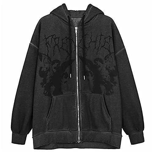 Women's Oversized Y2K Sweatshirt Long Sleeve Zipper Punk Goth Printed Hoodie Aesthetic Drawstring Jacket (Black, M)