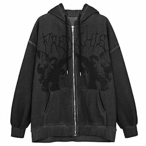 women's oversized y2k sweatshirt long sleeve zipper punk goth printed hoodie aesthetic drawstring jacket (black, xxl)