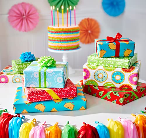 American Greetings Reversible All Occasion and Birthday Wrapping Paper, Punny Food (3 Rolls, 120 sq. ft.)