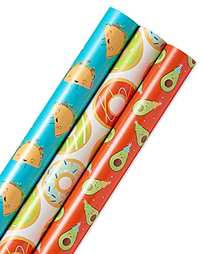 American Greetings Reversible All Occasion and Birthday Wrapping Paper, Punny Food (3 Rolls, 120 sq. ft.)