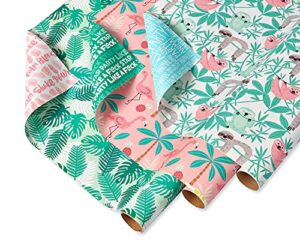 american greetings reversible palms, sloths, flamingo wrapping paper for all occasion, green and pink (3 rolls, 120 sq. ft.)