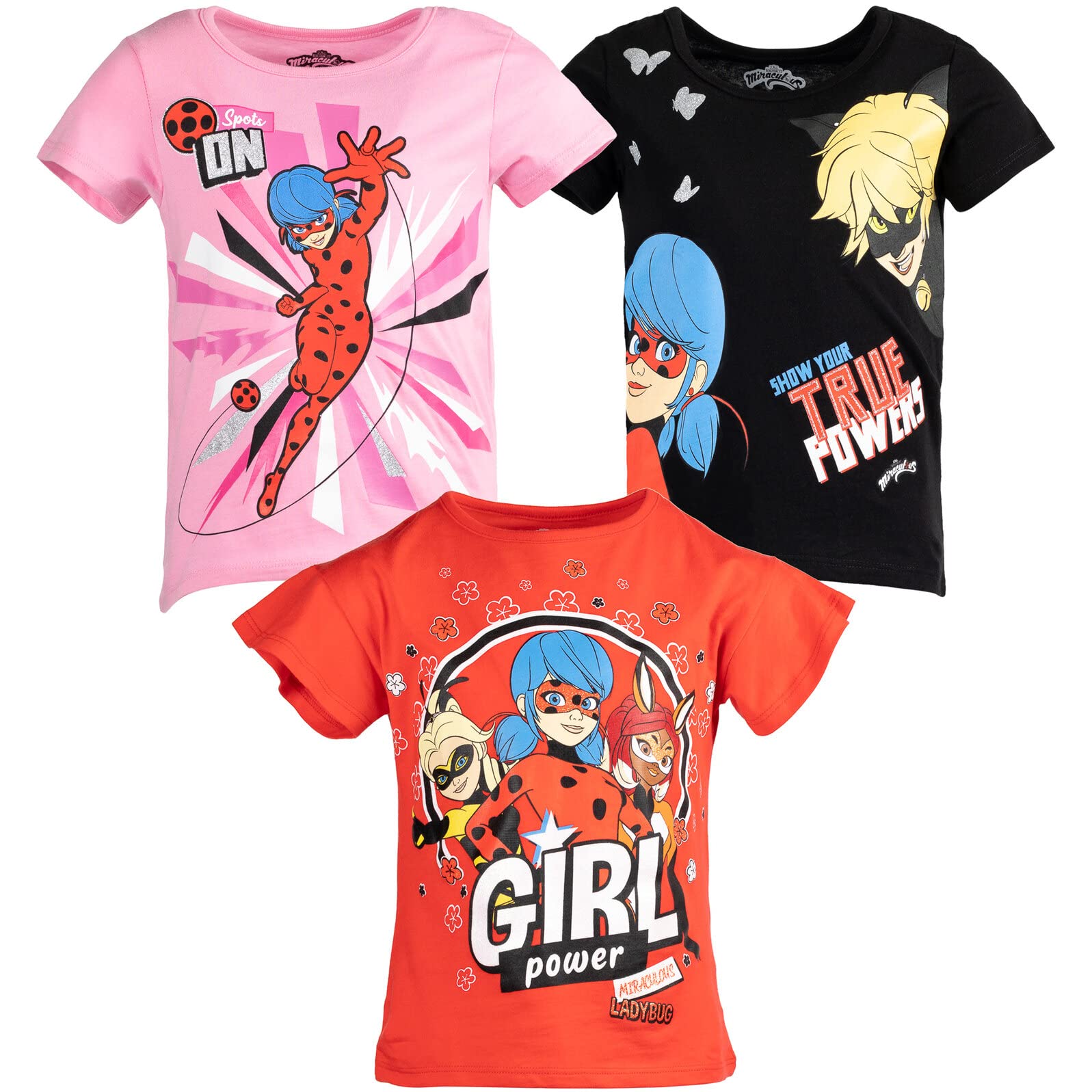 Miraculous Ladybug Cat Noir Rena Rouge Big Girls 3 Pack Graphic T-Shirts Black/Pink/Red 10-12