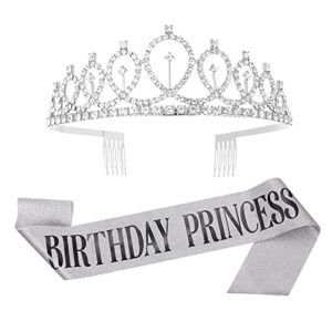 rosavida 2-piece suit birthday princess sash and rhinestone tiara kit birthday gifts glitter sash and birthday crowns for women girl party decoration (silver)