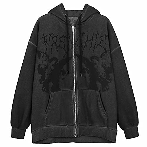 Yuemengxuan Women's Vintage Graphic Print Oversized Hoodies Zip Up Long Sleeve Sweatshirt Y2K Hip-pop Pullover Jackets