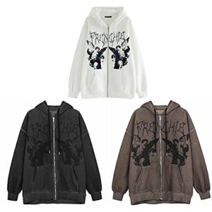 Yuemengxuan Women's Vintage Graphic Print Oversized Hoodies Zip Up Long Sleeve Sweatshirt Y2K Hip-pop Pullover Jackets