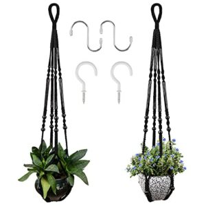 macrame plant hanger for 5 to 10 inch plant pots, set of 2 indoor handmade 35 inch woven rope hanger kits with hooks and wood beads, hanging planter basket holder for boho home decor (black, 2 pack)
