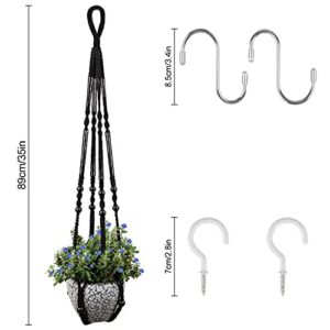 Macrame Plant Hanger for 5 to 10 Inch Plant Pots, Set of 2 Indoor Handmade 35 Inch Woven Rope Hanger Kits with Hooks and Wood Beads, Hanging Planter Basket Holder for Boho Home Decor (Black, 2 Pack)