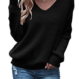 Eurivicy Women's Long Sleeve V Neck Pullover Tops Oversized Chunky Knitted Loose Jumper Sweaters Black