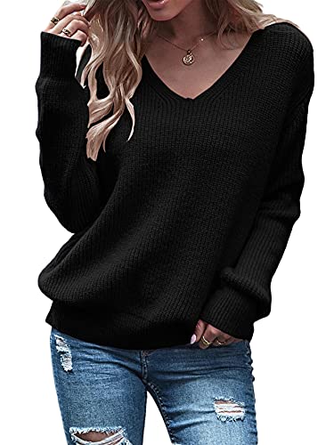 Eurivicy Women's Long Sleeve V Neck Pullover Tops Oversized Chunky Knitted Loose Jumper Sweaters Black