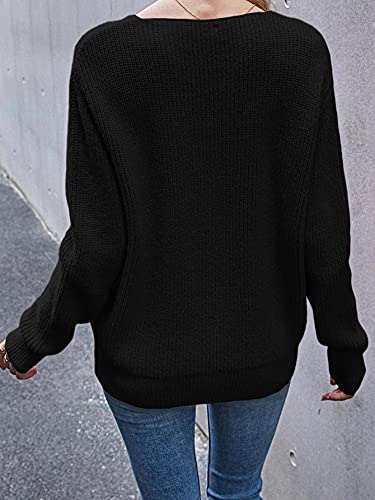 Eurivicy Women's Long Sleeve V Neck Pullover Tops Oversized Chunky Knitted Loose Jumper Sweaters Black
