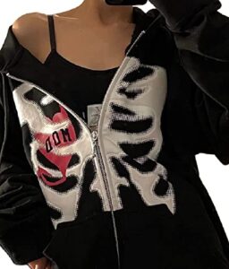 women's y2k vintage graphic zip up hoodie oversized casual drawstring hoodie e-girl 90s streetwear jacket tracksuit(c-black,l)
