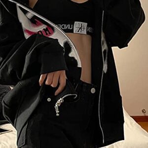 Women's Y2K Vintage Graphic Zip Up Hoodie Oversized Casual Drawstring Hoodie E-Girl 90s Streetwear Jacket Tracksuit(C-black,L)