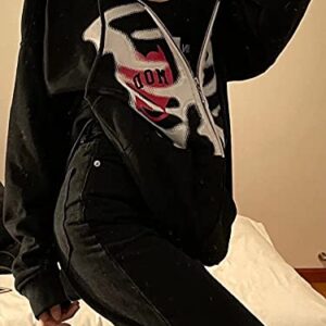 Women's Y2K Vintage Graphic Zip Up Hoodie Oversized Casual Drawstring Hoodie E-Girl 90s Streetwear Jacket Tracksuit(C-black,L)