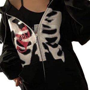 Women's Y2K Vintage Graphic Zip Up Hoodie Oversized Casual Drawstring Hoodie E-Girl 90s Streetwear Jacket Tracksuit(C-black,L)