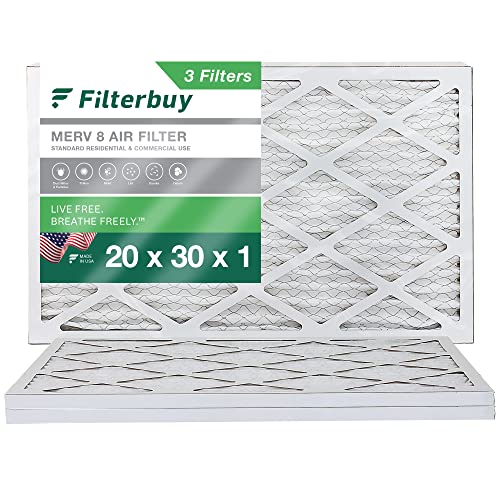 Filterbuy 20x30x1 Air Filter MERV 8 Dust Defense (3-Pack), Pleated HVAC AC Furnace Air Filters Replacement (Actual Size: 19.50 x 29.50 x 0.75 Inches)
