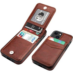 kihuwey compatible with iphone 13 mini case wallet with credit card holder, premium leather magnetic clasp kickstand heavy duty protective cover for iphone 13 mini 5.4 inch(brown)