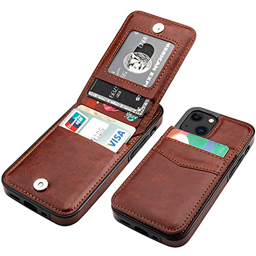 KIHUWEY Compatible with iPhone 13 Mini Case Wallet with Credit Card Holder, Premium Leather Magnetic Clasp Kickstand Heavy Duty Protective Cover for iPhone 13 Mini 5.4 Inch(Brown)