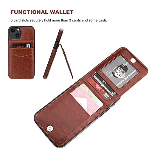KIHUWEY Compatible with iPhone 13 Mini Case Wallet with Credit Card Holder, Premium Leather Magnetic Clasp Kickstand Heavy Duty Protective Cover for iPhone 13 Mini 5.4 Inch(Brown)