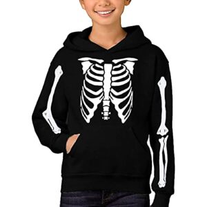 remimi kids halloween skeleton pullover hoodie pocket long sleeve black graphic printed sweatshirt 13-14 years