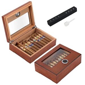 tisfa cigar humidor, glass top cigar box with hygrometer humidifier and divider, desktop cedar wood storage case holds 20-30 cigars