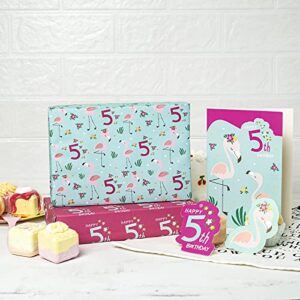 BIOBROWN Happy 5th Birthday Wrapping Paper Sheets for Girls Including Greeting Card and Gift Tags for Birthday Wishes - 2 Fold Flat Sheets