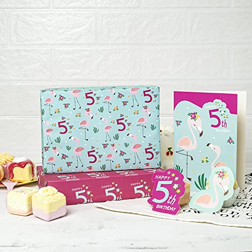 BIOBROWN Happy 5th Birthday Wrapping Paper Sheets for Girls Including Greeting Card and Gift Tags for Birthday Wishes - 2 Fold Flat Sheets